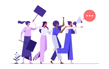 illustration of walking women with loud speaker and fighting for their rights, equality, against violence, discrimination in the workplace, people holding placard or banners