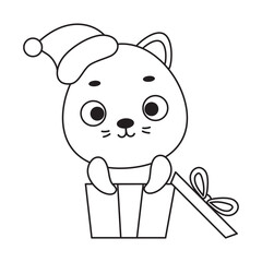 Coloring page cute little cat sitting in gift box. Coloring book for kids. Educational activity for preschool years kids and toddlers with cute animal. Vector stock illustration