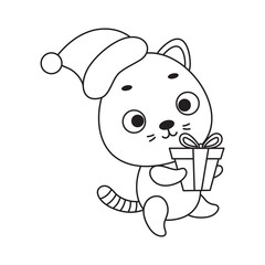 Coloring page cute little cat carries gift box. Coloring book for kids. Educational activity for preschool years kids and toddlers with cute animal. Vector stock illustration