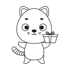 Coloring page cute little cat with gift box. Coloring book for kids. Educational activity for preschool years kids and toddlers with cute animal. Vector stock illustration