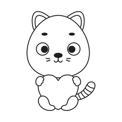 Coloring page cute little cat holds heart. Coloring book for kids. Educational activity for preschool years kids and toddlers with cute animal. Vector stock illustration