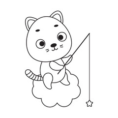 Coloring page cute little cat fishing star on cloud. Coloring book for kids. Educational activity for preschool years kids and toddlers with cute animal. Vector stock illustration