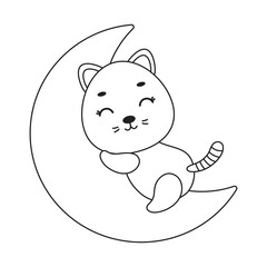 Coloring page cute little cat sleeping on moon. Coloring book for kids. Educational activity for preschool years kids and toddlers with cute animal. Vector stock illustration