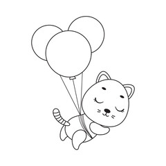 Coloring page cute little cat flying on balloons. Coloring book for kids. Educational activity for preschool years kids and toddlers with cute animal. Vector stock illustration