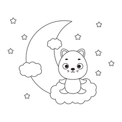 Coloring page cute little cat sitting on cloud. Coloring book for kids. Educational activity for preschool years kids and toddlers with cute animal. Vector stock illustration