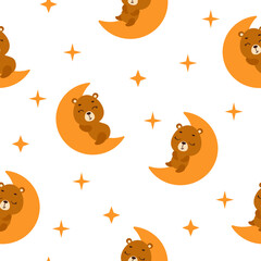 Cute little bear sleeping on moon seamless childish pattern. Funny cartoon animal character for fabric, wrapping, textile, wallpaper, apparel. Vector illustration