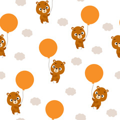 Cute little bear flying on balloon seamless childish pattern. Funny cartoon animal character for fabric, wrapping, textile, wallpaper, apparel. Vector illustration