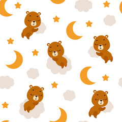 Cute little bear sleeping on cloud seamless childish pattern. Funny cartoon animal character for fabric, wrapping, textile, wallpaper, apparel. Vector illustration