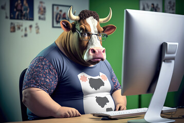 A fat cow is sitting at the office table in front of a computer. Sedentary lifestyle concept, generative ai - obrazy, fototapety, plakaty