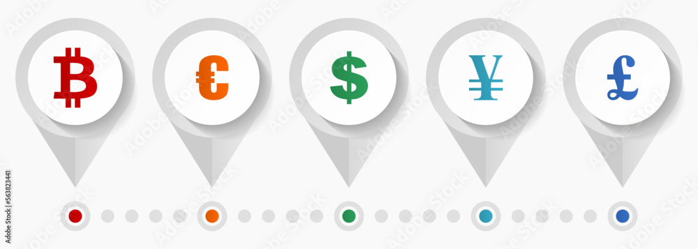 Poster Currency vector icons, money flat design web pointers collection, business concept infographic template