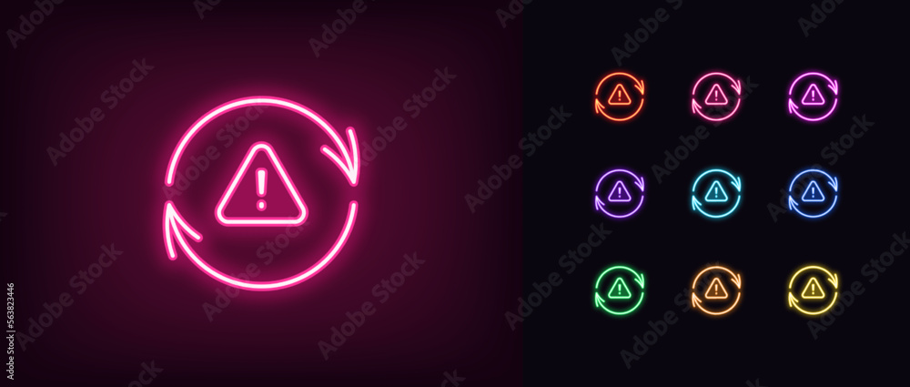 Poster outline neon update icon set. glowing neon update arrows frame with exclamation mark, important upgr