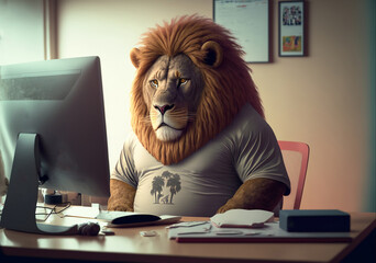 A fat lion is sitting at the office table in front of a computer. Sedentary lifestyle concept, generative ai - obrazy, fototapety, plakaty