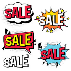 Sale discount shopping comic text bubble vector isolated icons set