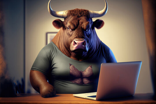 A fat bull is sitting at the office table in front of a computer. Sedentary lifestyle concept, generative ai