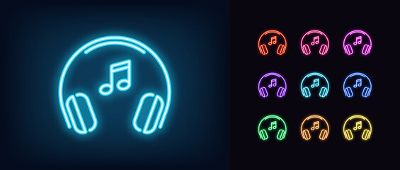 Outline neon headphones icon set. Glowing neon headset frame with music note sign, listen sound podcast. Dj and gamer headphones, musical track, dance mix, radio show.