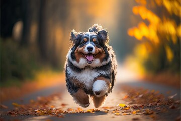 Dog running in autumn park photography, Pet happy walk (Ai generated)