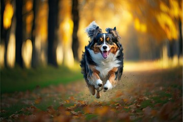 Dog running in autumn park photography, Pet happy walk (Ai generated)
