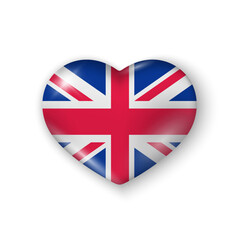 3d heart with flag of Great Britain. Glossy realistic vector element on white background with shadow underneath. Best for web, logo, print and festive decoration.