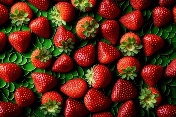 Strawberries Full frame, Fresh nature fruit pattern, red background (Ai generated)