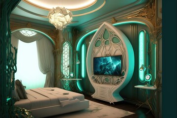 interior of a  futurehotel room made with generative ai
