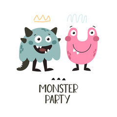 monster party. Cartoon monsters, hand drawing lettering. flat style, colorful vector for kids. baby design for cards, poster decoration, t-shirt print