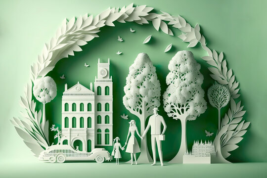 Paper cut , Happy family in city , Eco concept and green power, generative ai