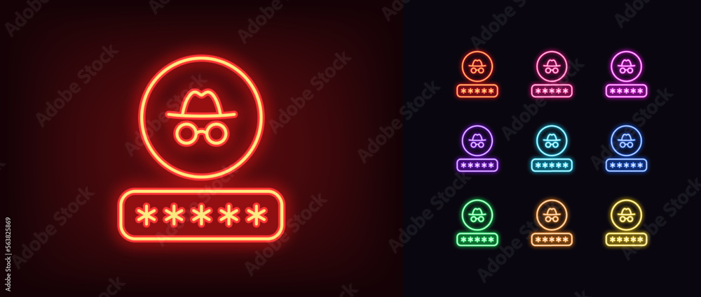Poster outline neon password icon set. glowing neon input password with incognito sign, private access pict