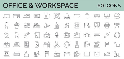Set of 60 line icons. Workspace and office. Equipment and furniture. Editable stroke
