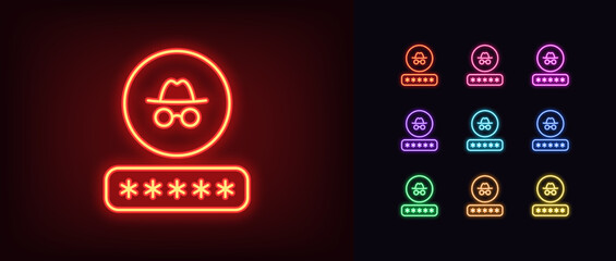 Outline neon password icon set. Glowing neon input password with incognito sign, private access pictogram. Hacker attack, personal data theft, account hacking, spying, internet security.