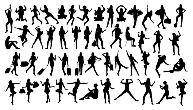 Big Set of 50 Vector silhouettes drawing girl. Most Different pose like dance, walk, run, etc.