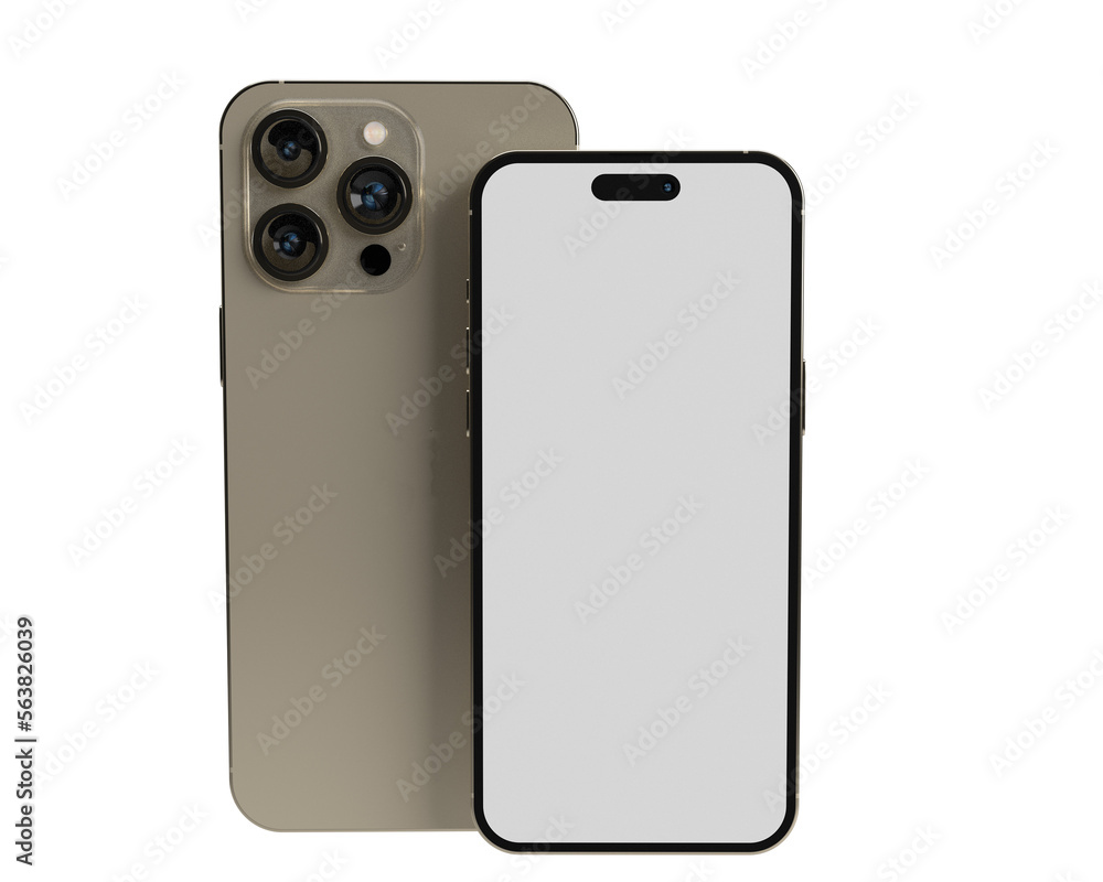 Poster mobile smartphone front back view golden yellow color white isolated background wallpaper mock up bl