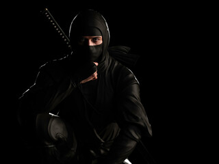 A ninja contemplating in the dark. 3D illustration.