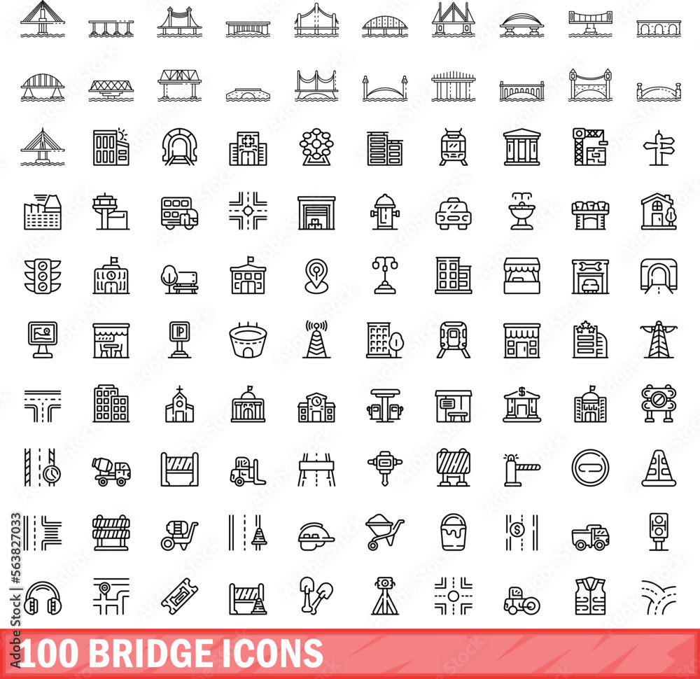 Poster 100 bridge icons set. outline illustration of 100 bridge icons vector set isolated on white backgrou