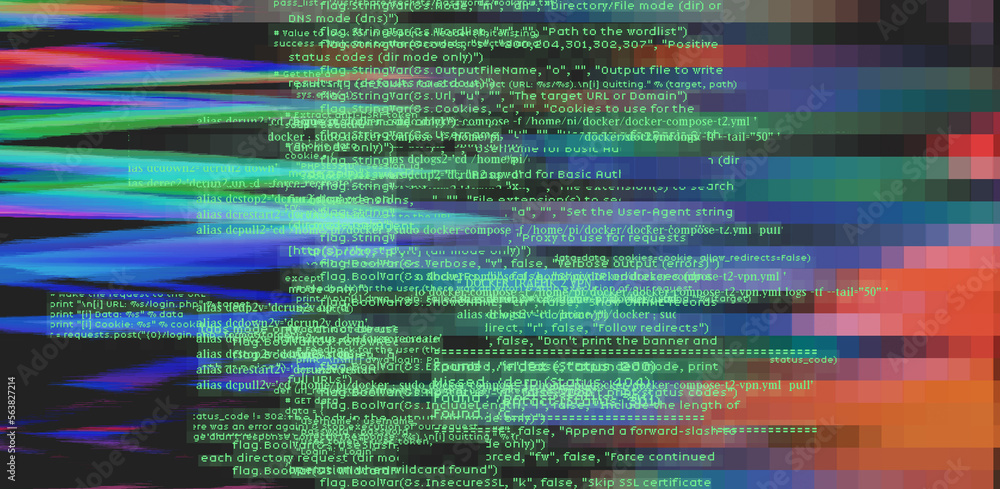 Poster Screen with glitched and distorted data. Concept of a programming and IT science.