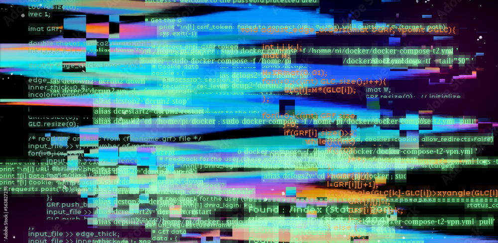 Aufkleber Screen with glitched and distorted data. Concept of a programming and IT science.