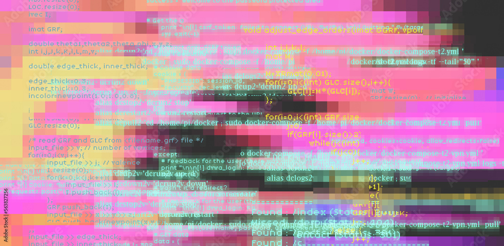 Poster Abstract technology background with glitched code. Concept of a programming and IT science.