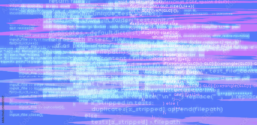 Fototapete Abstract technology background with glitched code. Concept of a programming and IT science.