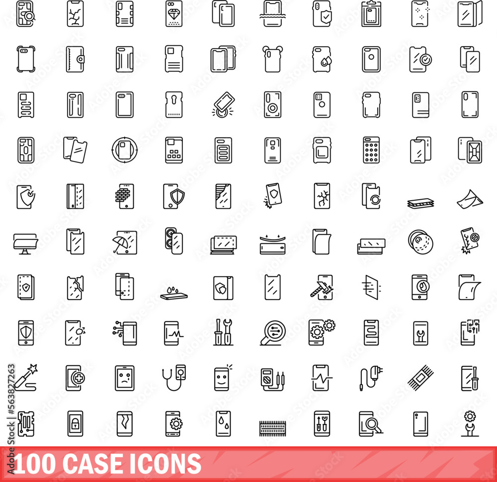 Poster 100 case icons set. outline illustration of 100 case icons vector set isolated on white background