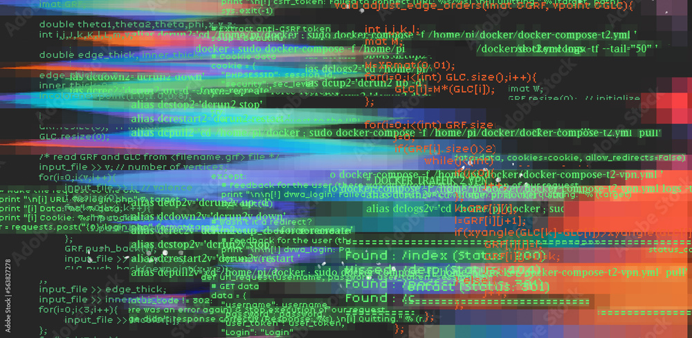 Fototapete Abstract technology background with glitched code. Concept of a programming and IT science.