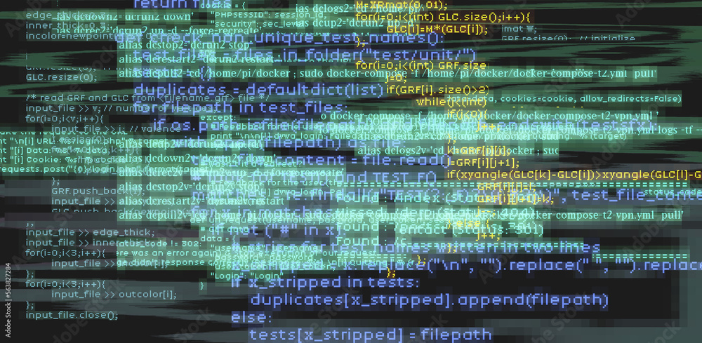 Leinwandbilder Abstract technology background with glitched code. Concept of a programming and IT science.
