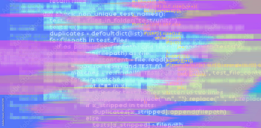 Fototapete Abstract technology background with glitched code. Concept of a programming and IT science.