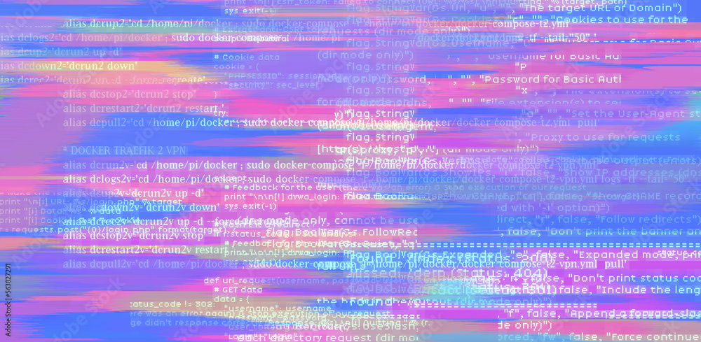 Poster Abstract technology background with glitched code. Concept of a programming and IT science.
