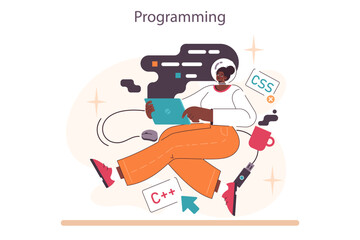 Passive income in the internet. Character making money on programming.