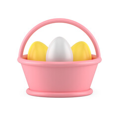 Pink Easter ceramic bucket full of painted colored eggs for holiday celebration 3d icon