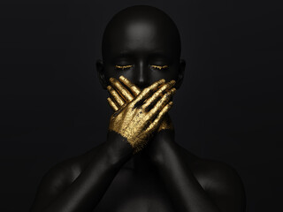 Golden silence. A female figure covering her mouth with both hands. Her fingers are covered with gold leaf. 3D Illustration.