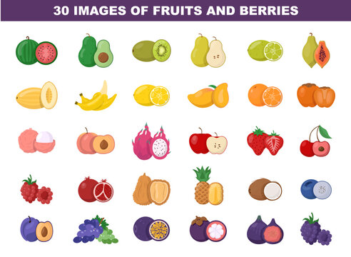 Fruits and berries colored images set. Bright detailed illustration of fresh