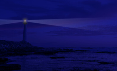 View of Coastal lighthouse at night with warning lights blazing