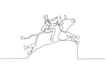 businessman riding a bull going up showing rising and bull market. One line art style