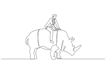 busienssman riding on big rhino concept of fearless manager and leader. Continuous line art