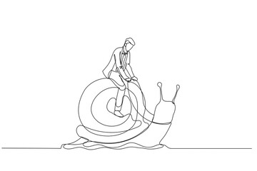 businessman riding snail concept of slow business development. One line style art